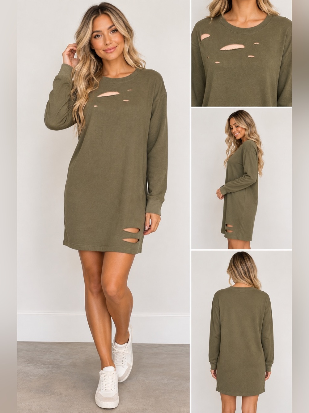 Missguided women’s olive green Distressed Long Sleeve T-Shirt Dress size 6 NWT